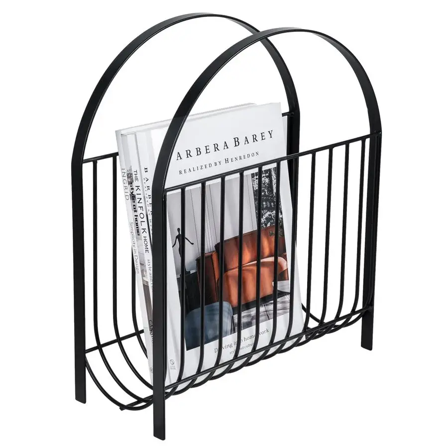 

Deluxe Mid Century Metal Wire Magazine Rack in Matte Black Finish, Tabletop or Floor Standing Sling Basket for Magazines and New