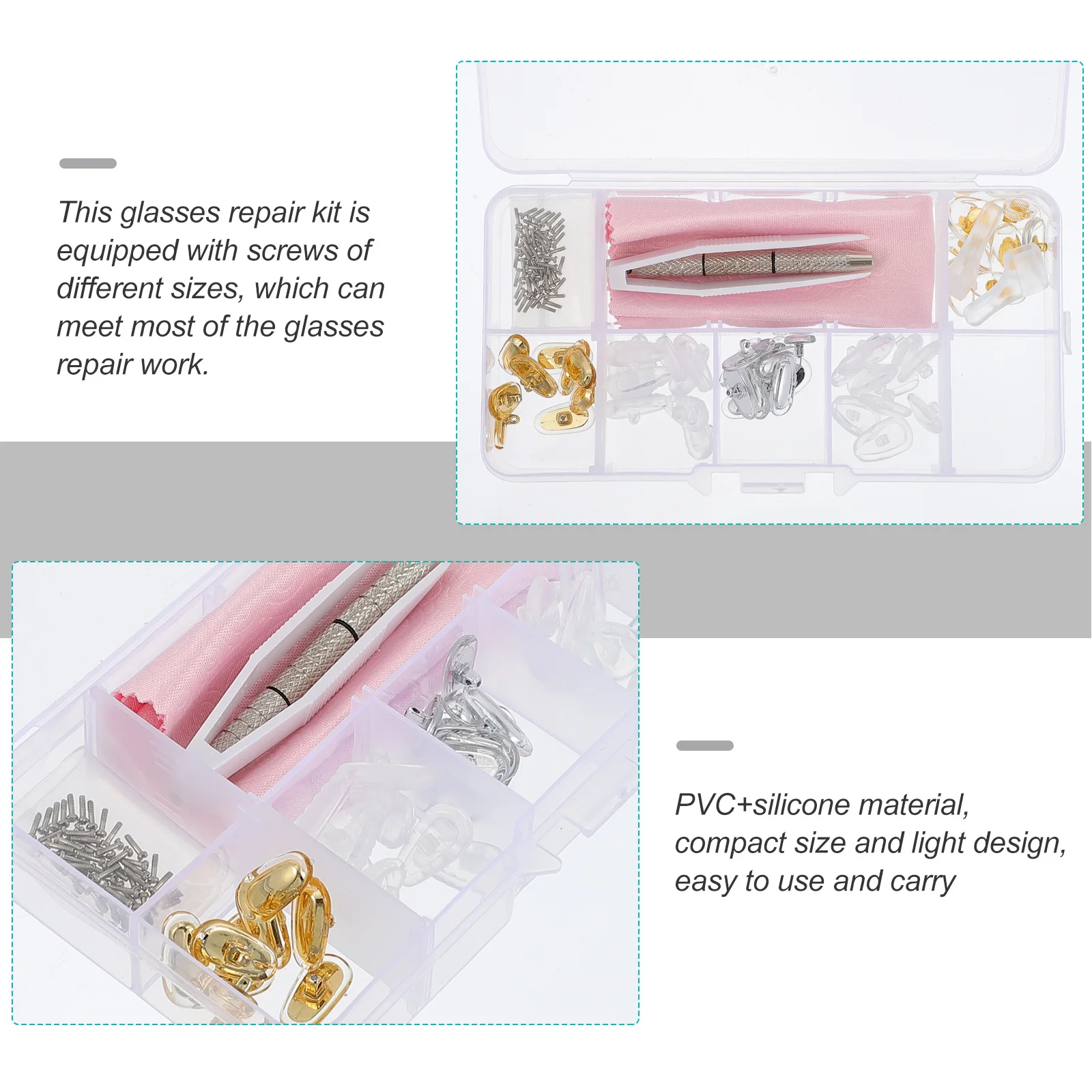 

1Set Eyeglasses Repair Kit with Silicone Nose Pads Multi-Size Screws Tools Compact Design for on-The- Fixing Needs