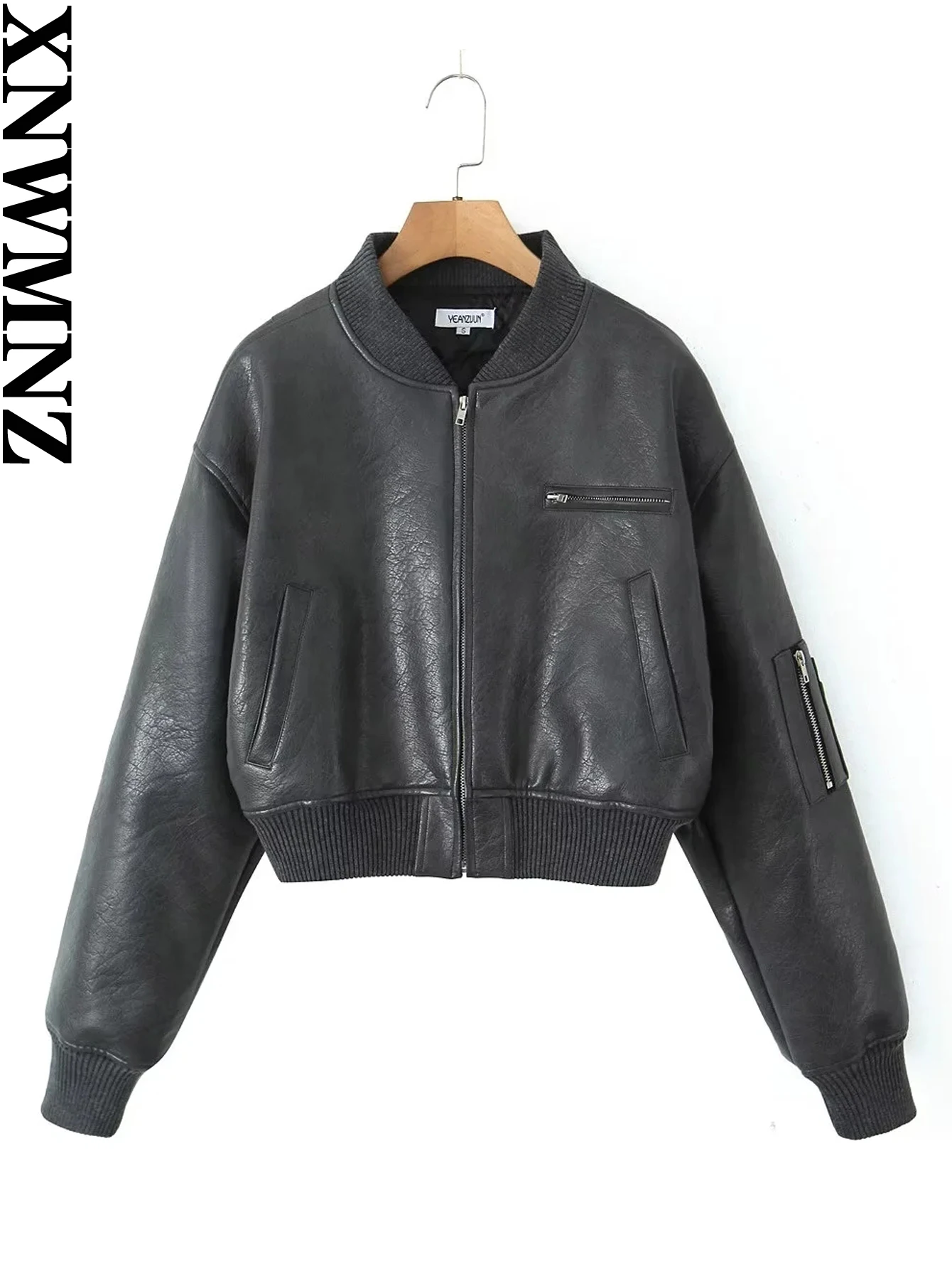 XNWMNZ-Chaqueta acolchada de cuero sintético para mujer, abrigo de manga larga con cremallera y cuello redondo, moda urbana, 2023