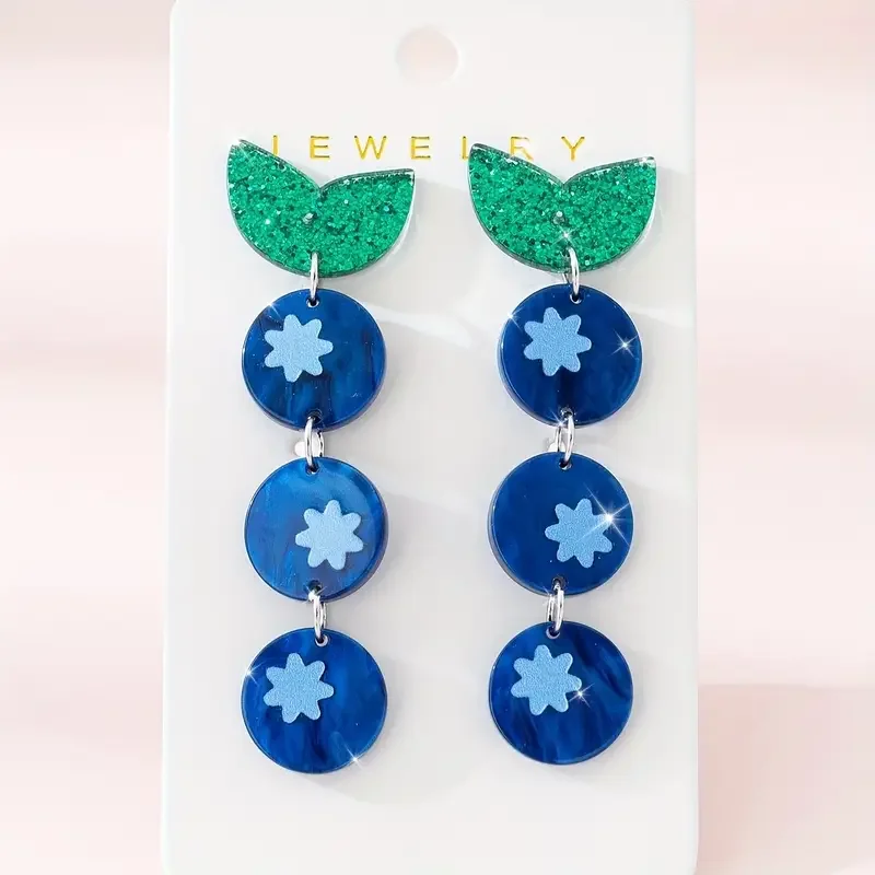 1 Pair Elegant Blueberry & Leaf Design Acrylic Drop Earrings for Women - Glittery Green & Blue, Alloy Posts, Perfect for Parties