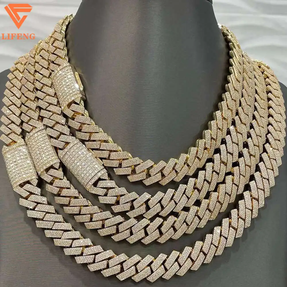 Hip-hop Vvs Moissanite Diamond Fashion Jewelry Body Chain18mm 3rows Gold Plated Cuban Necklace Chain