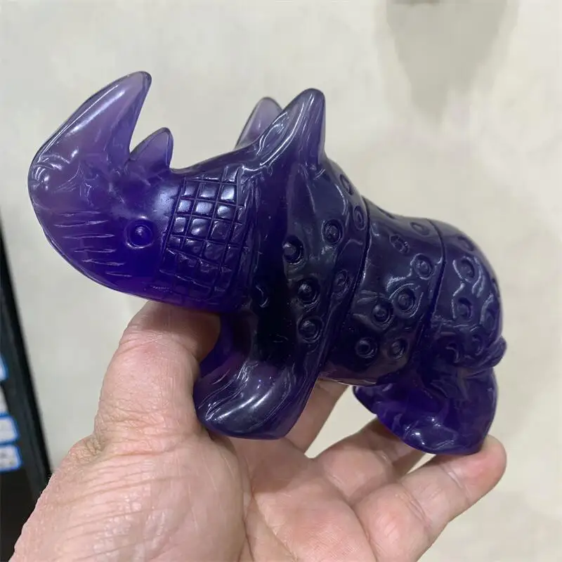 Natural Purple Fluorite Rhinoceros Carving Crystal Healing Reiki Statue Sculpture For Decoration Gift 1PCS