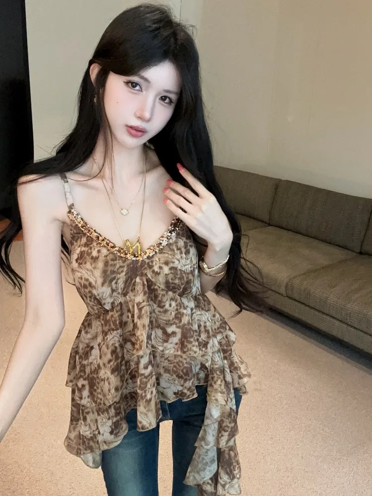 

Sexy Leopard Print Halter Top Women's Summer Layering Sweet Flavor Blouse Slimming Lace Trim Korean Style Breathable Skin-Fri...