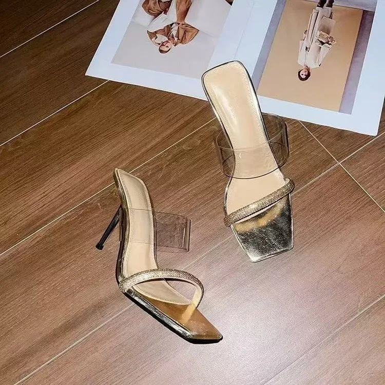 

French-style Single-strap Rhinestone SandalsSummer Squaretoe Thin-heel Transparent High Heels,Fashionable Sexy Open-toe Slippers