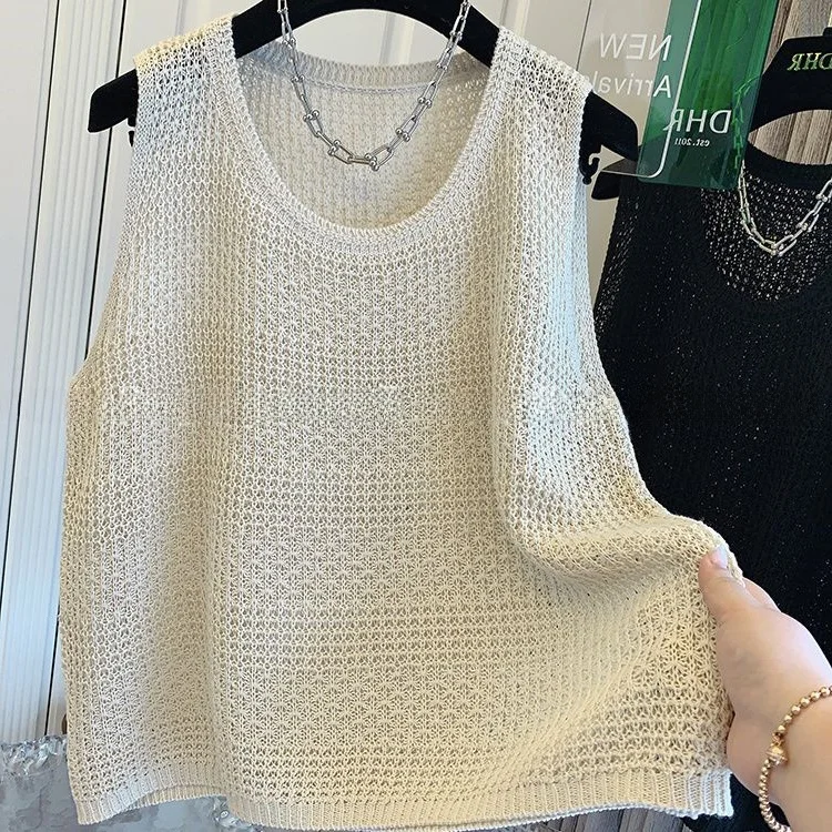 

plus Size Knitted Vest Women's Svel Hook Flower Design 300 Pou Faionable Autumn Outerwear Pure Color Casual Sle