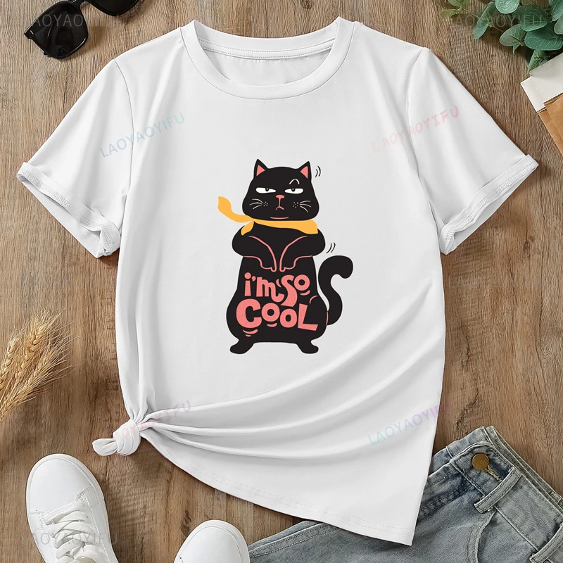 Cute naughty lazy cat charming stylish ladies shirt Spring summer short sleeved delicate clothing Fun casual cotton T-shirt