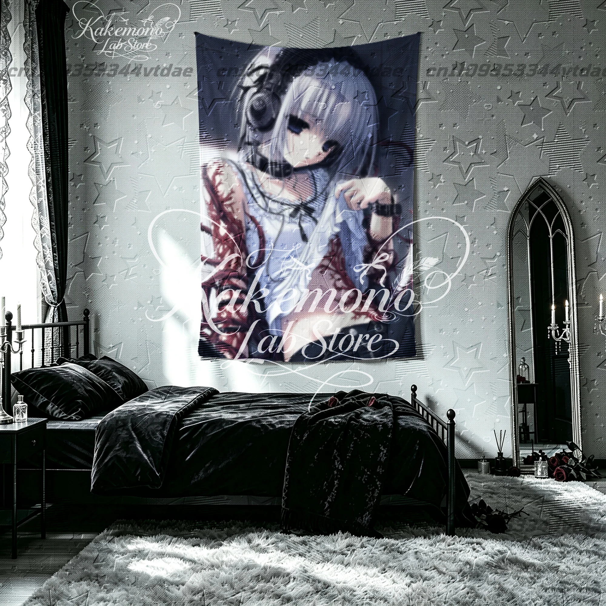Dark Alt Aesthetic Tapestry Silver Hair Anime Girl Headset Thorn Pattern Wall Cloth For Teen Girls Room Home Wall Decor
