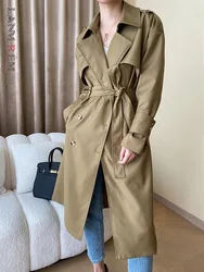 [LANMREM] Office Lady Belt Gathered Waist Trench For Women Lapel Double Breasted Long Windbreaker 2024 Autumn New 26D9904