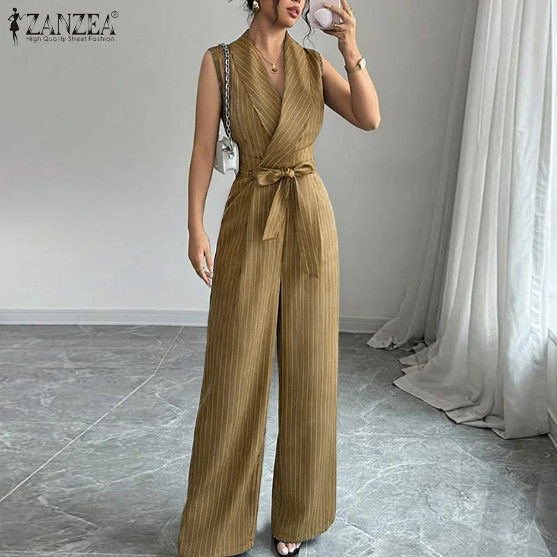 

2026 ZANZEA Summer Fashion V Neck Sleeveless Jumpsuits Women Rompers Elegant OL Work Wide Leg Overalls Trousers Striped Playsuit