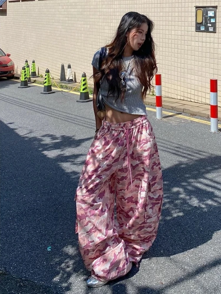 Summer New Pink Curved-Leg Pants Print Cargo Pants Women Wide-Leg Pants American Jazz Streetwear Y2k Sweatpants Joggers