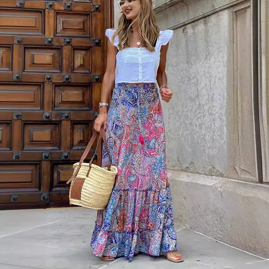 Boho Retro Floral Print Skirts Women 2024 Summer High Waist A-Line Pleated Long Skirts Casual Holiday Beach Skirt