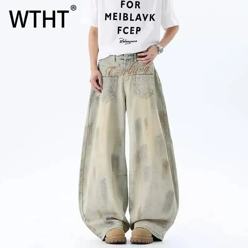 

WTHT Fashion Men Graffiti Letter Embroidery Do Old Design Denim Pants Vintage 2026 Summer High-waisted Wide Leg Jean Male 2A3216