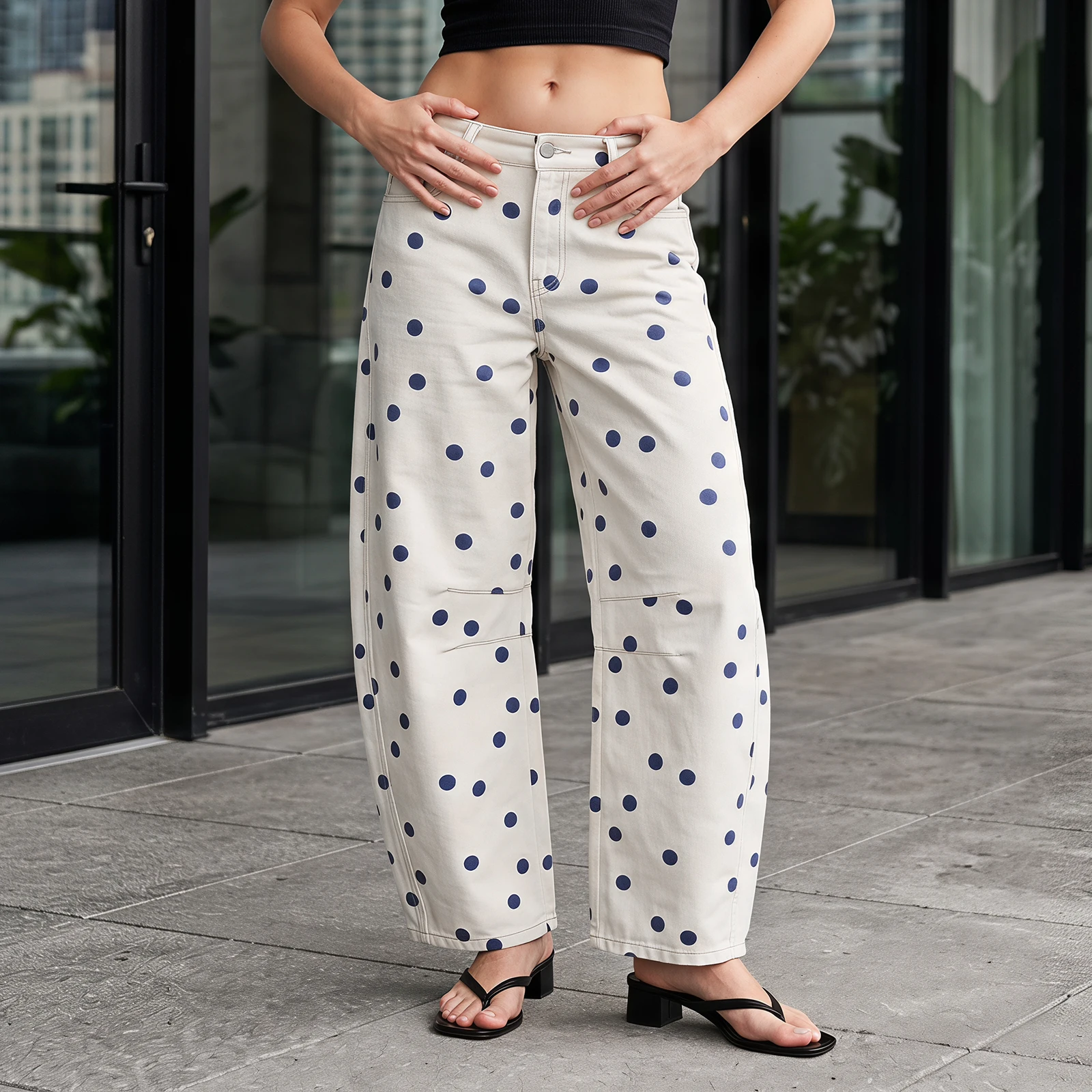 2026 Fashion Women's Fall Denim Barrel Pants Casual Loose Fit Stylish Mid Rise Dot Print Curved Wide Leg Jeans Casual Pants