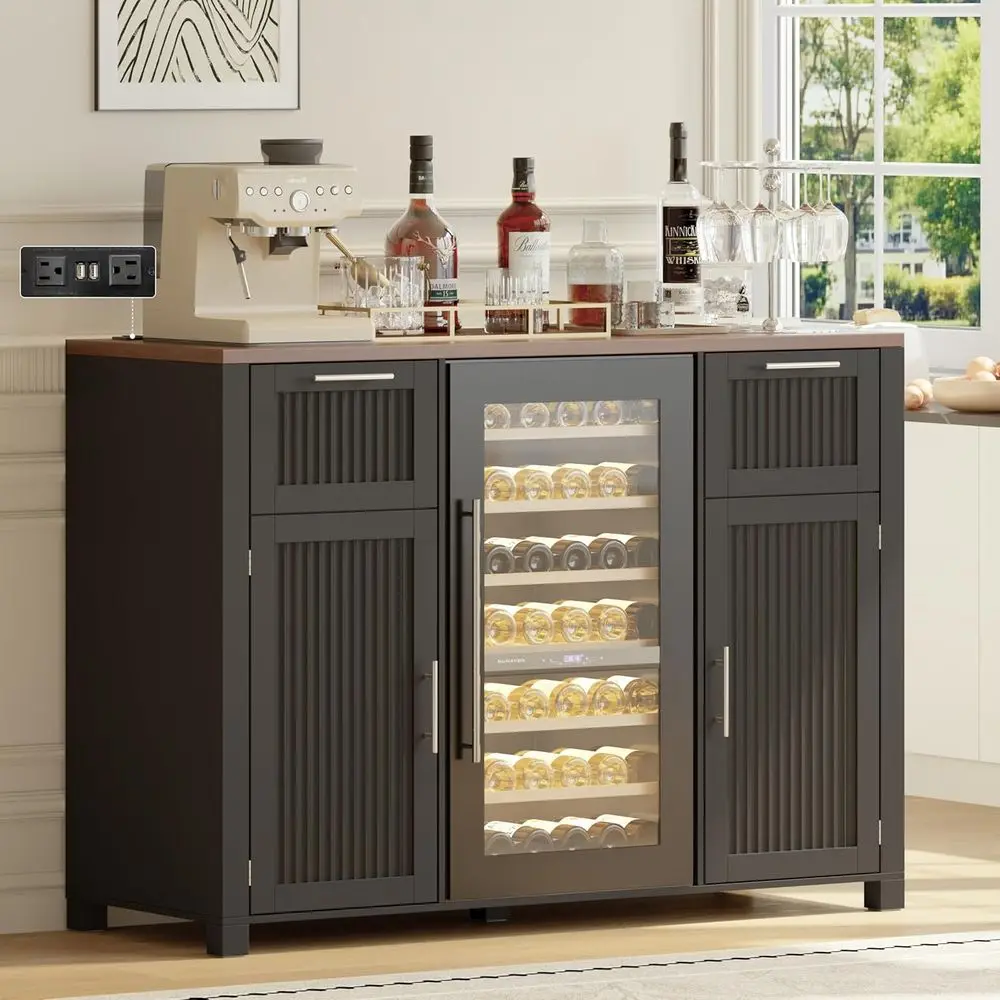 

53.2 Ridge Space Coffee Bar Cabinet with Power Outlet and Pull-Out Drawer, Elegant Design for Wine Storage, Ideal for Home, Kitc