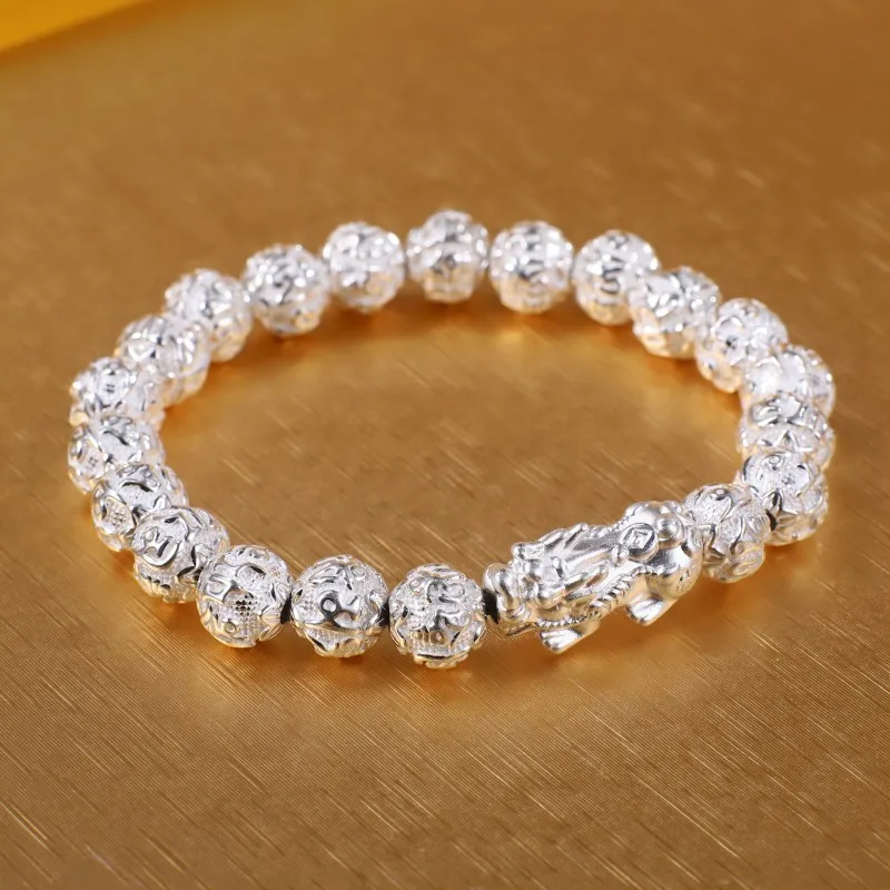 

S990 Pure Silver Bracelet 10mm/12mm Bead Sutra Mantra Beaded Pixiu Dragon Son Women Men Buddha Beads 17-18cmL