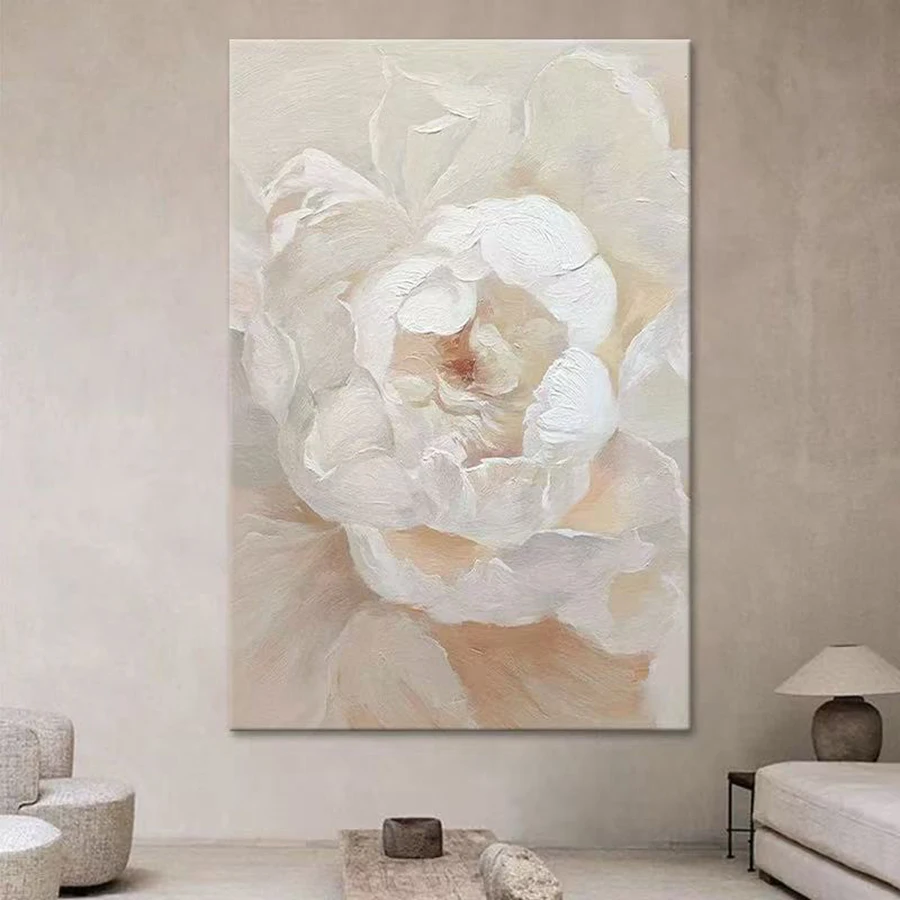 Abstract Peony Painting – Creamy Style Floral Wall arts with Soft Pink & Beige Petals, Frameless Luxury Modern Decor Posters for