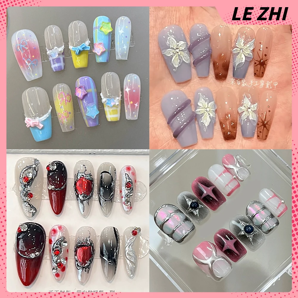 

10Pcs Dopamine French Long Coffin Handmade Press On Nails Spice Girl Bowknot Rhinestone Five-Pointed Star Detachable Fake Nails