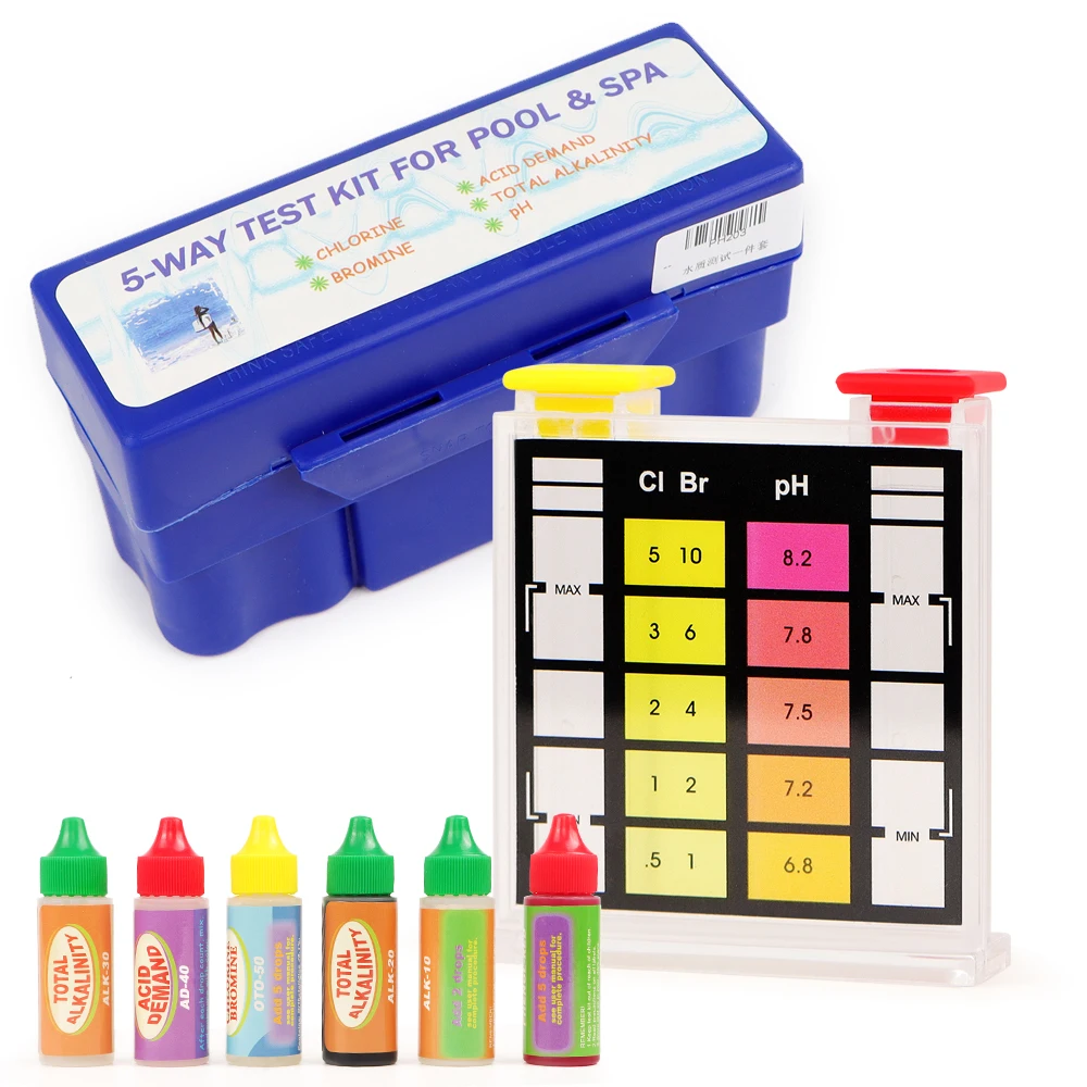 Kit de prueba de calidad del agua portátil de 5 vías, probador de piscina, análisis de agua con ácido Chlrine PH CL para pruebas de agua