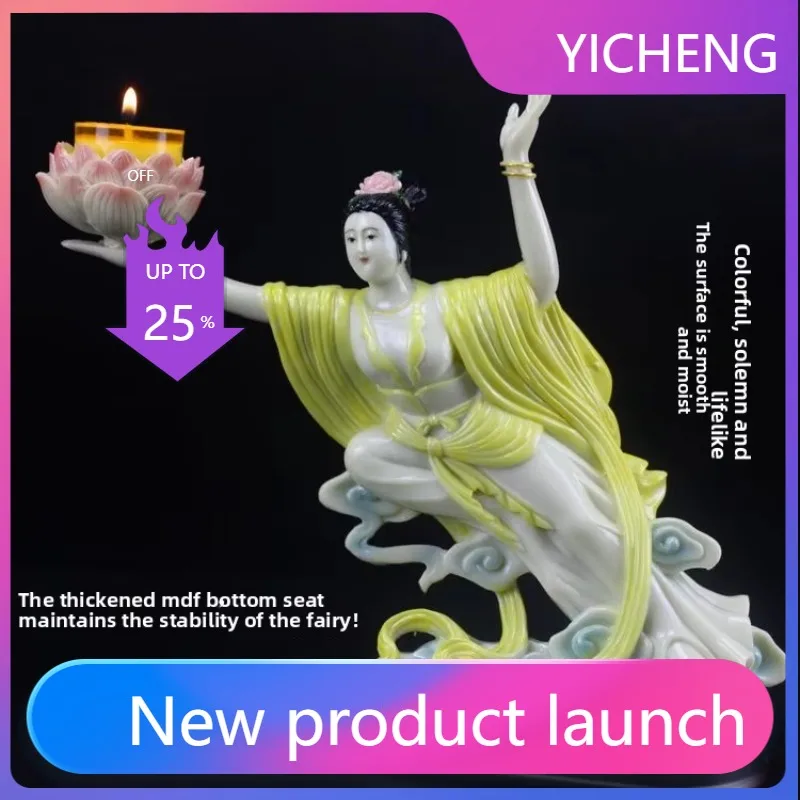 LYY  Fairy Resin Lotus Offering Buddha Lamp Temple Ceremony Pair Ornament