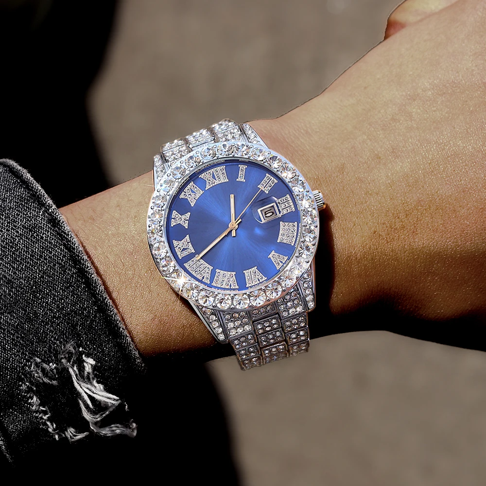 2-teiliges Hip-Hop-Punk-Uhrenset mit Diamantbesatz, runde Luxus-Herrenuhr, glänzendes Schmuckgeschenk mit Armbandversteller für Damen, Alltagskleidung – Detail 10