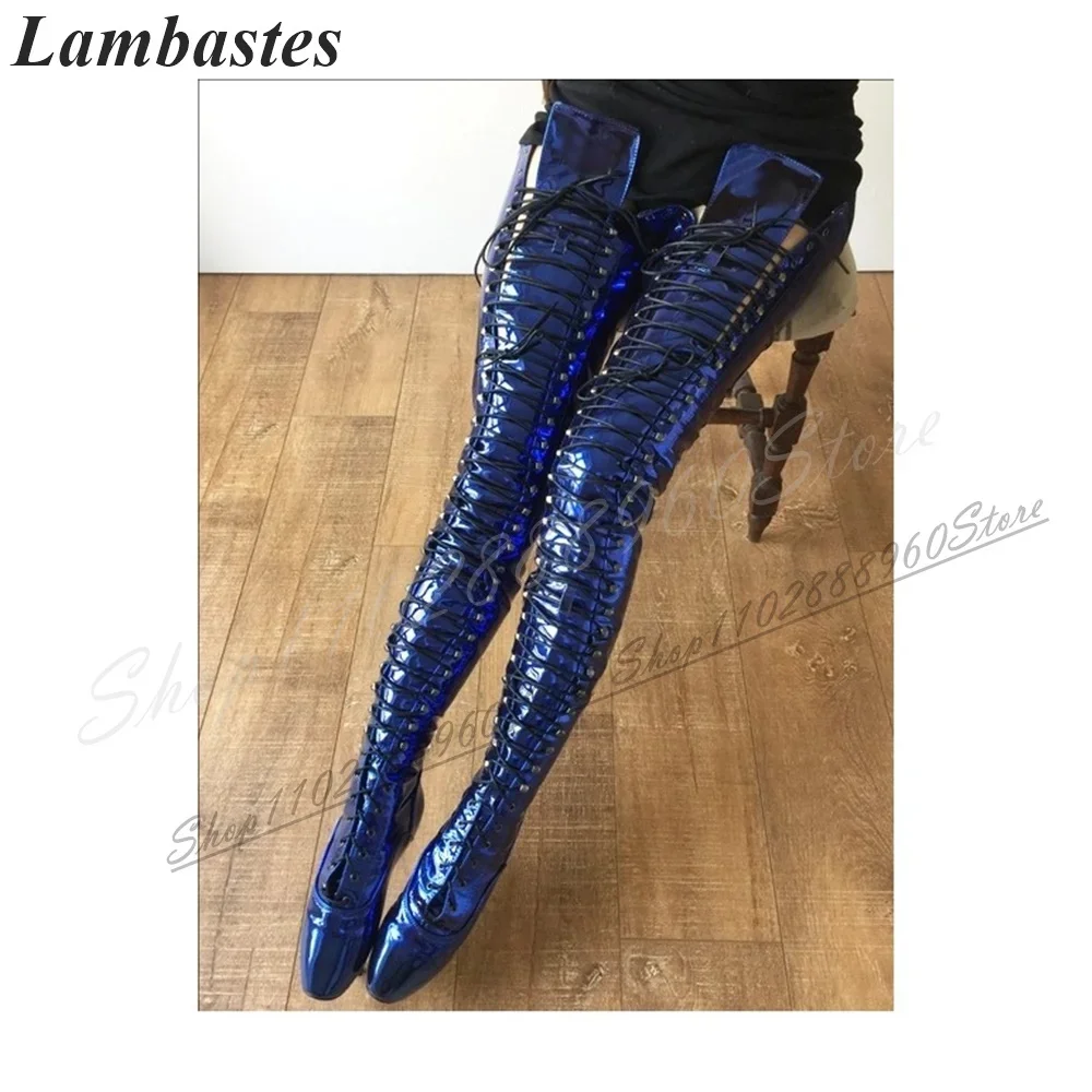 الفخذ العليا الأزرق براءات الاختراع والجلود الأحذية الفاخرة رقيقة أحذية عالية الكعب للنساء عبر تعادل جولة تو 2024 موضة Zapatillas Mujer