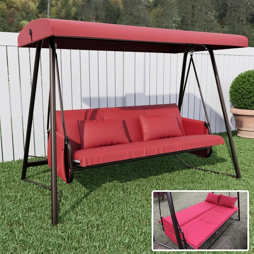 

3 Person Outdoor Porch Swing with Canopy - Comfortable Patio Swing Daybed with Cushion & Pillow