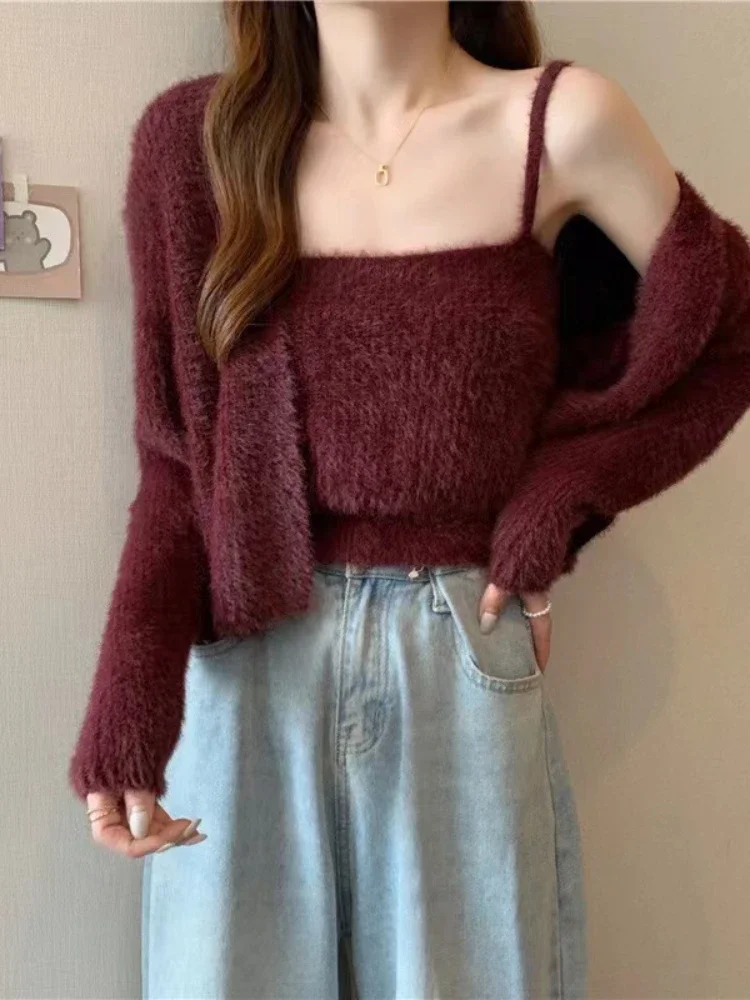 Korea Two Pieces Set Cardigan Women Sweet Solid Color Long Sleeve Knitted Sweater Sleeveless Strap Vest Woman Simple Soft Tops