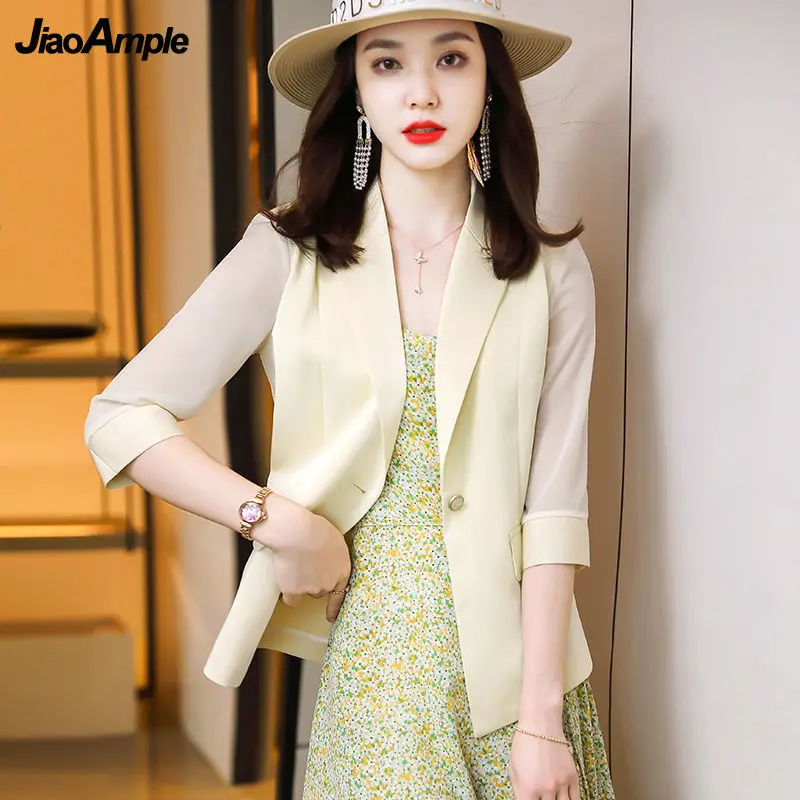 

Women's Summer Thin Mesh Blazers 2022 Korean Office Lady Graceful Solid Three Quarter Sleeve Suit Coat White Jacket Female New