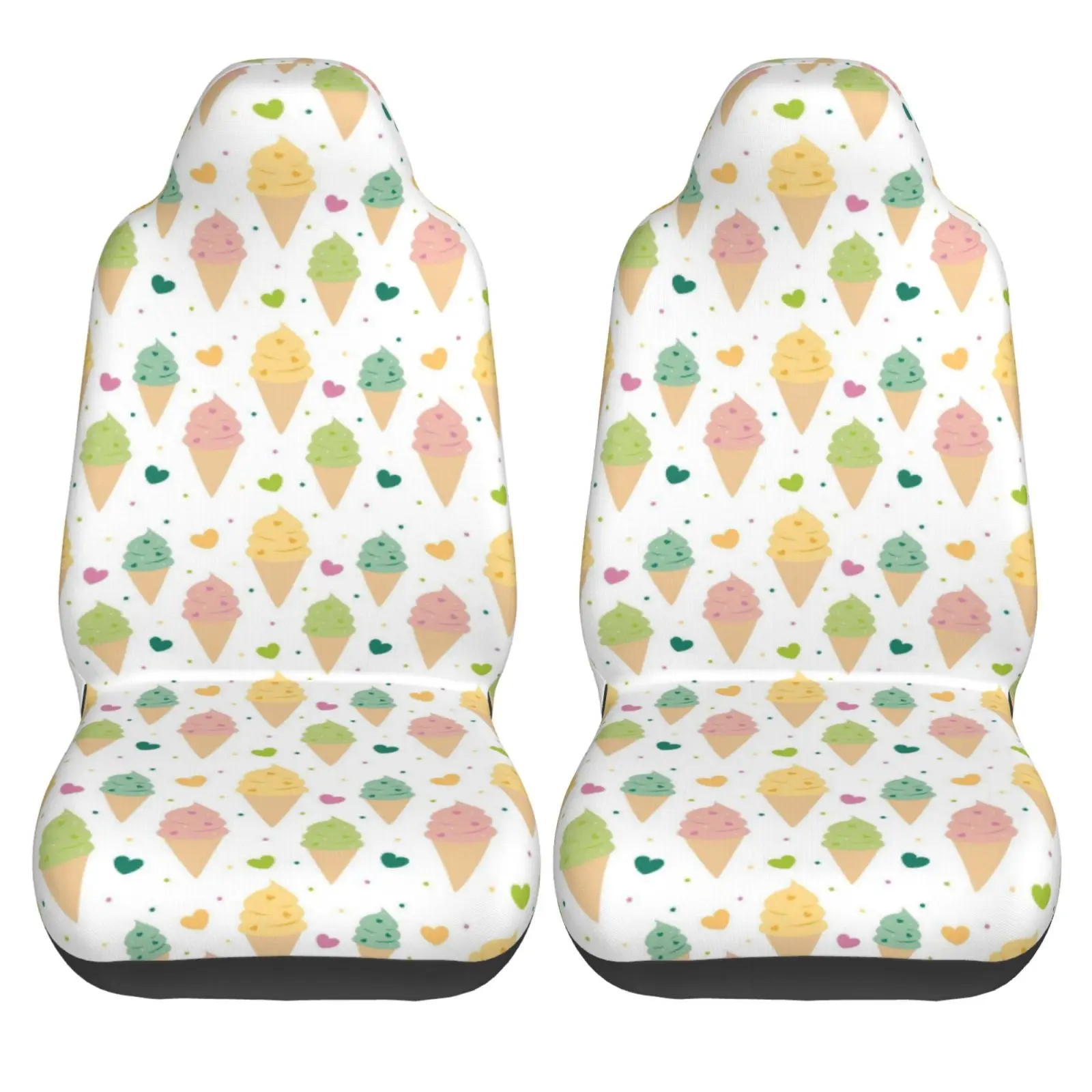 Colorful Ice Cream Cartoon Pattern Car Seat Covers Set 2 Pcs Elastic Auto Interior Car Accessories Protectors Non-Slip Auto Cove