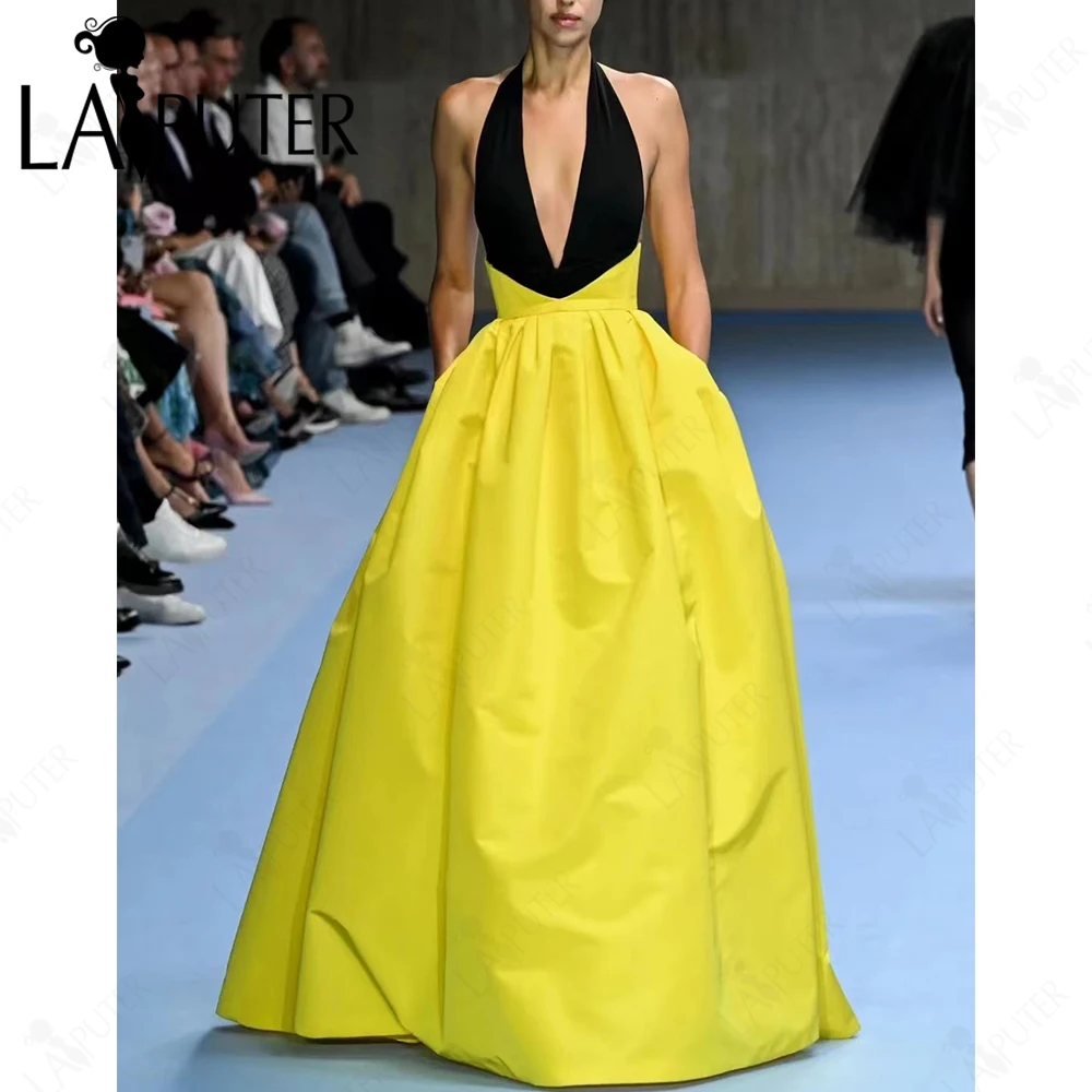 Bright Yellow A line Prom Dresses Plugging V Neck Black Bodice Evening Gown Simple Design Elegant Women Celebrity Dress 2024