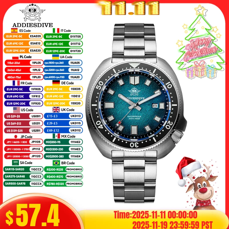 

ADDIESDIVE NEW Men Abalone Watch Sapphire Glass Calendar BGW9 Luminous AD2511 20Bar Waterproof 316L Stainless Steel Quartz Watch