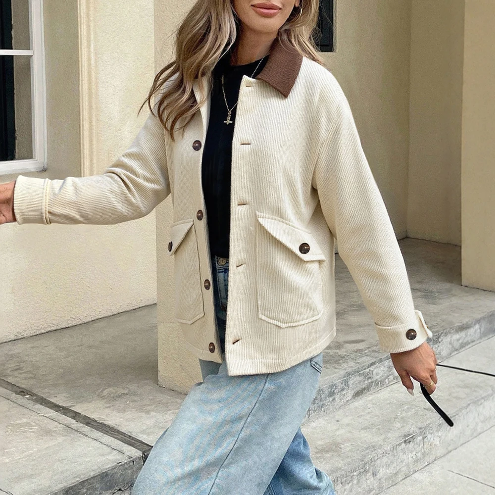 

Slim Fit Pure Color Corduroy Woven Jacket Turn-down Collar Outerwear For Women Fashionable Casual Style Across Borders