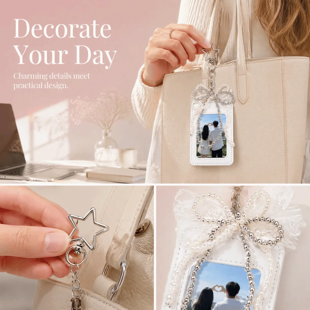 New PU Leather Cute Photocard Holder Lace Pearl Bow Photo Storage Pouch Star Keychain INS Style Bag Charm Keychain Girls