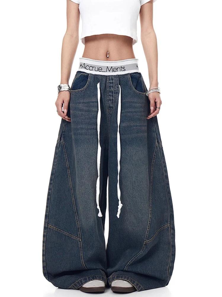 

Американские джинсы High Street с деконструированной талией в стиле пэчворк, широкие джинсы для мужчин и женщин, простые свободные одинаковые драпированные джинсы с завышенной талией