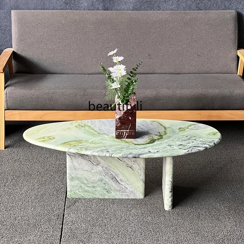 Nordic light luxury green marble coffee table modern oval tea table apartment living room coffee table