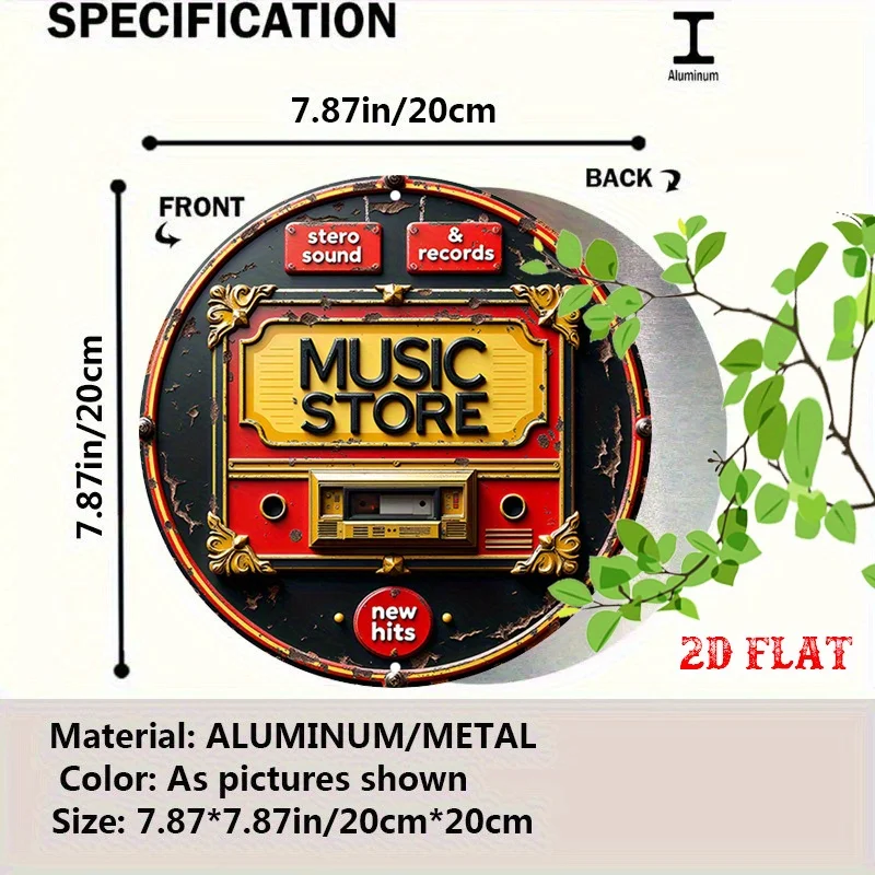 2D Flat - Round Aluminum Sign for a Music Store, Featuring Classic Hits And Vinyl Records, Measuring 7.87 Inches by 7.87 Inch