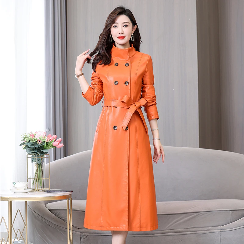 Leather Jacket Women M-7XL X-Long Coat Belt Slim Fashion High Quality Mandarin Collar Faux Leather Clothing Outwear SWREDMI