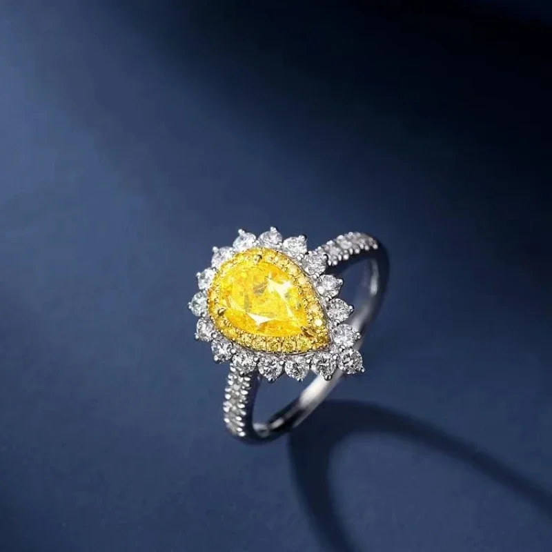 Anillo de oro de 18 quilates con diamante amarillo de 1,7 quilates con forma de gota de agua para mujer, alianzas de boda, bonito regalo de compromiso romántico