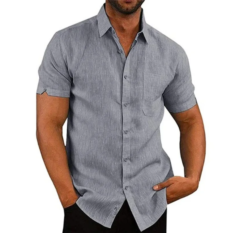 2023 new Cotton Linen Hot Sale Men\'s Short-Sleeved Shirts Summer Solid Color Turn-down collar Casual Beach Style Plus Size