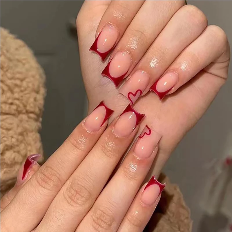 

24 PCS Valentine's Day Press On Nails French Tip Medium Square Wine Red Heart Fake Nails