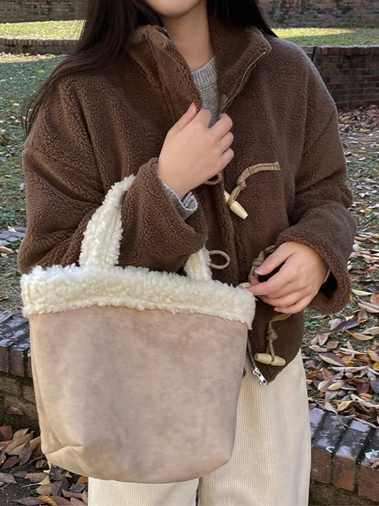 

Warm Lamb Fur Collar Cotton Lined Women's Jaet Chic Agel Design Trendy Spring Autumn Winter Outerwear Button up Coat