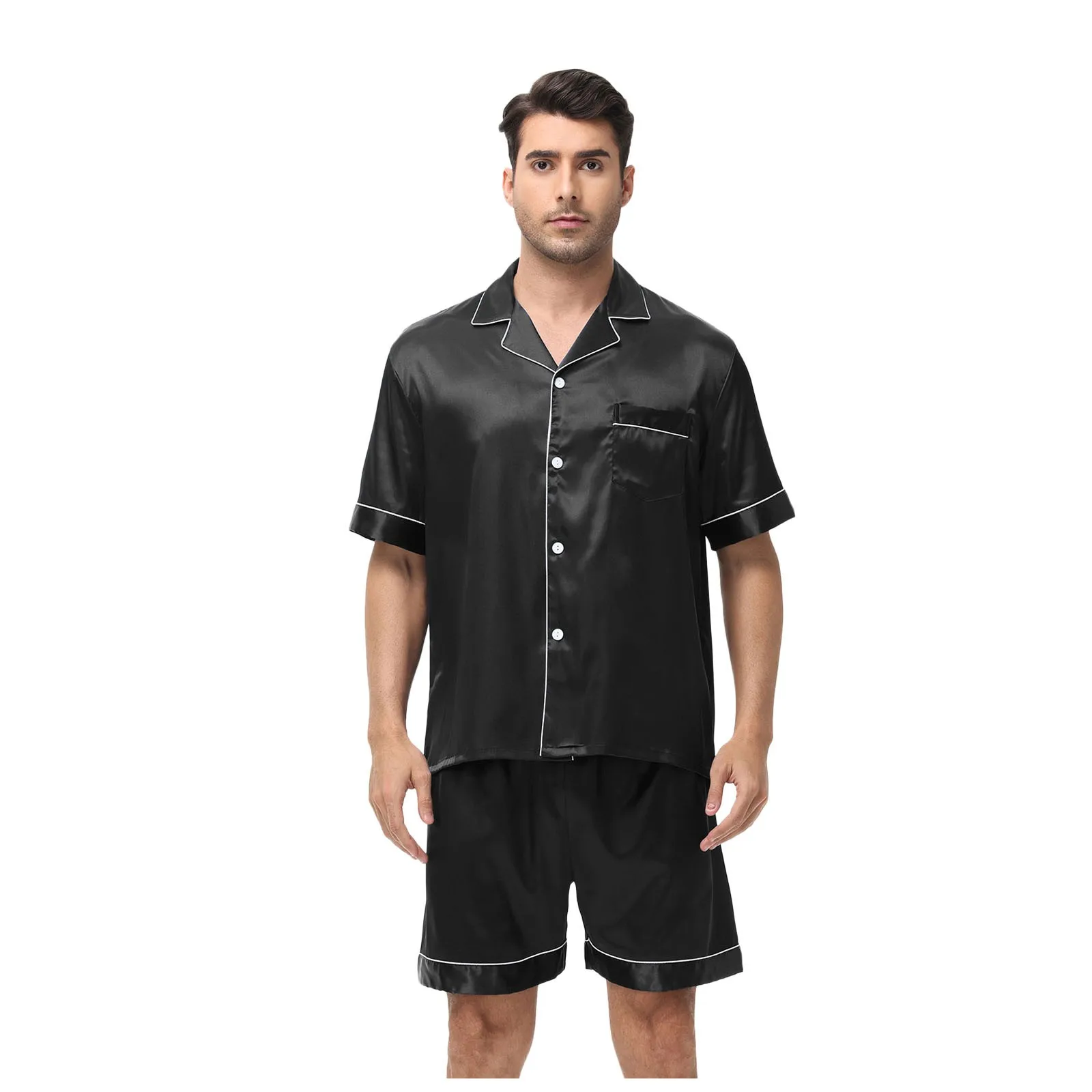 

Classic Design Solid Pajamas Set Men Summer Lapel Home Suit Thin Sleepwear Male Loose Large Size Soft Cozy Homewear Father Gift
