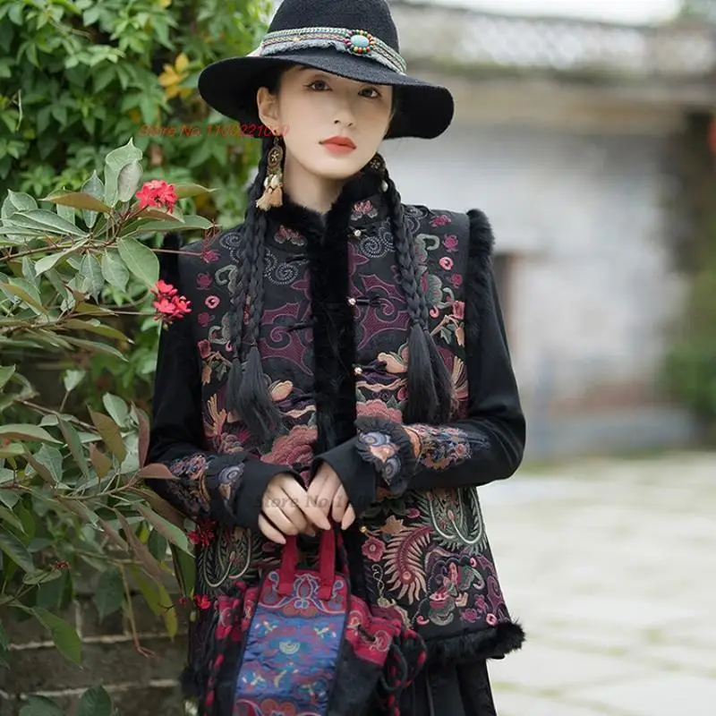 2024 chinese vintage hanfu tops cotton-padded vest national flower embroidery oriental sleeveless jacket satin jacquard vest