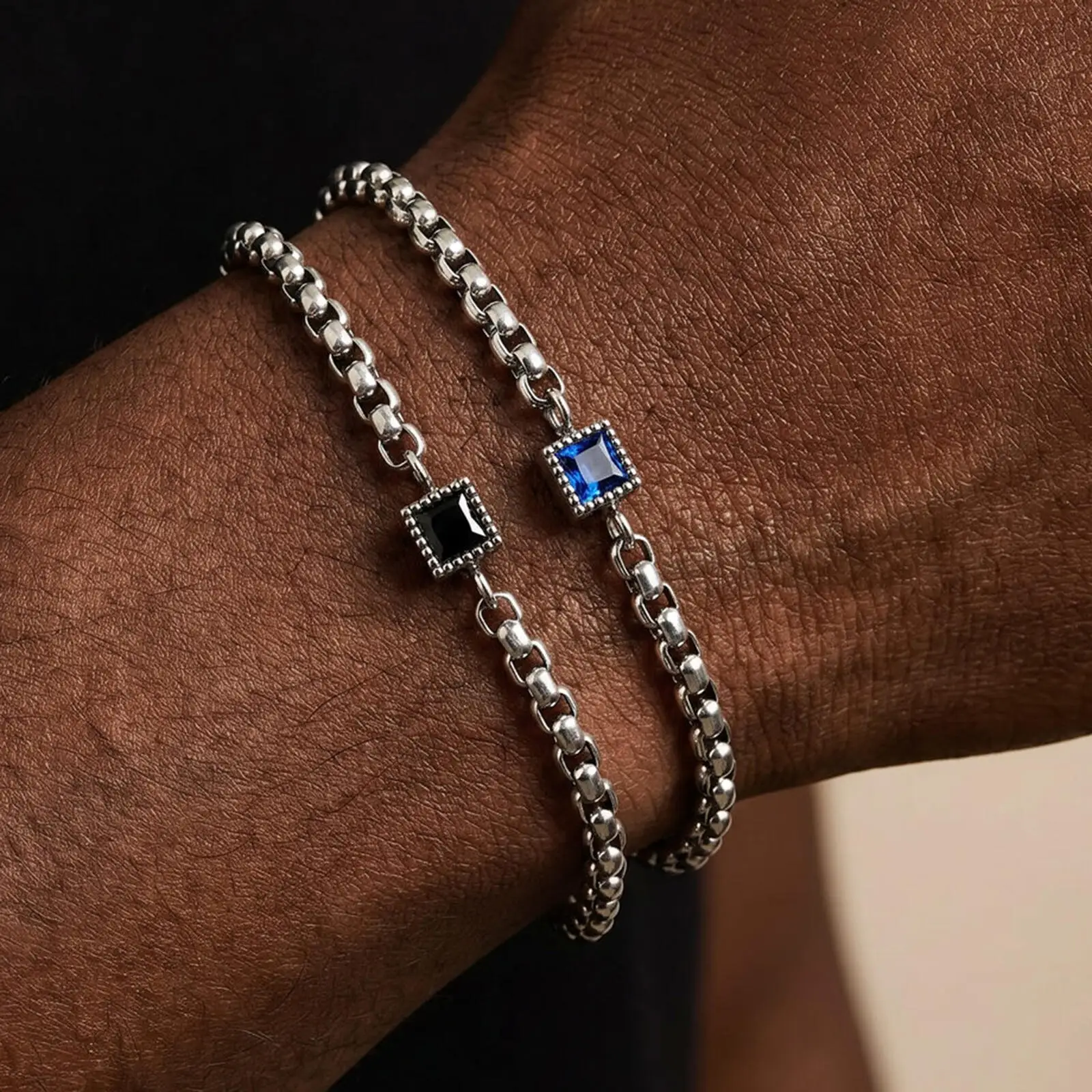 Vnox Men's Square Black Blue Zircon Box Chain Bracelet, Stainless Steel Adjustable 18-23cm Link Wristband, Fashion Jewelry Gift