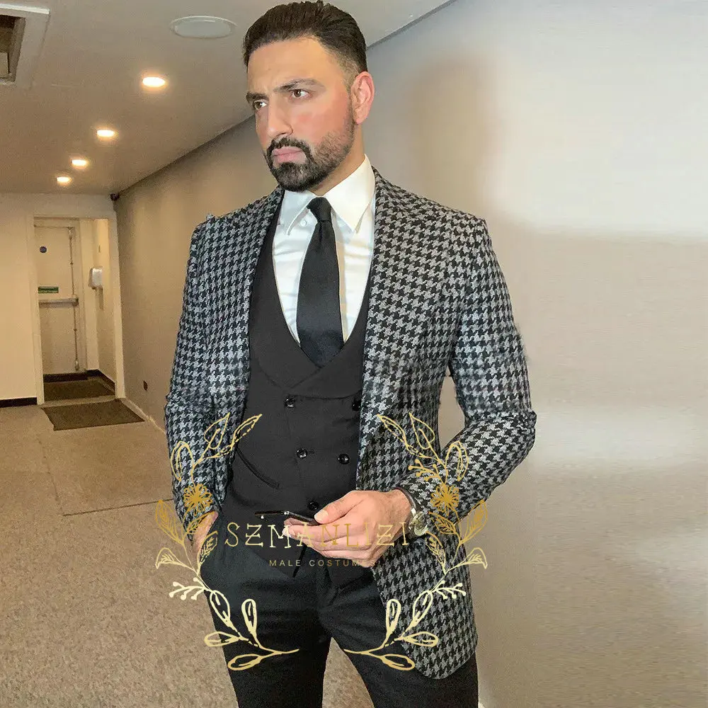 

Fashion Houndstooth Suits For Mens Business Male Blazer Slim Fit Wedding Groom Tuxedos 3 Piece Jacket Vest Pants Costume Homme