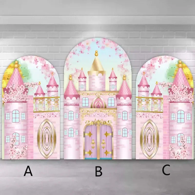 

Mehofond Custom 2-Sided Pink Castle Flowers Girls Birthday Party Baby Shower Cover Chiara Arch Background Decor Backdrop Photo