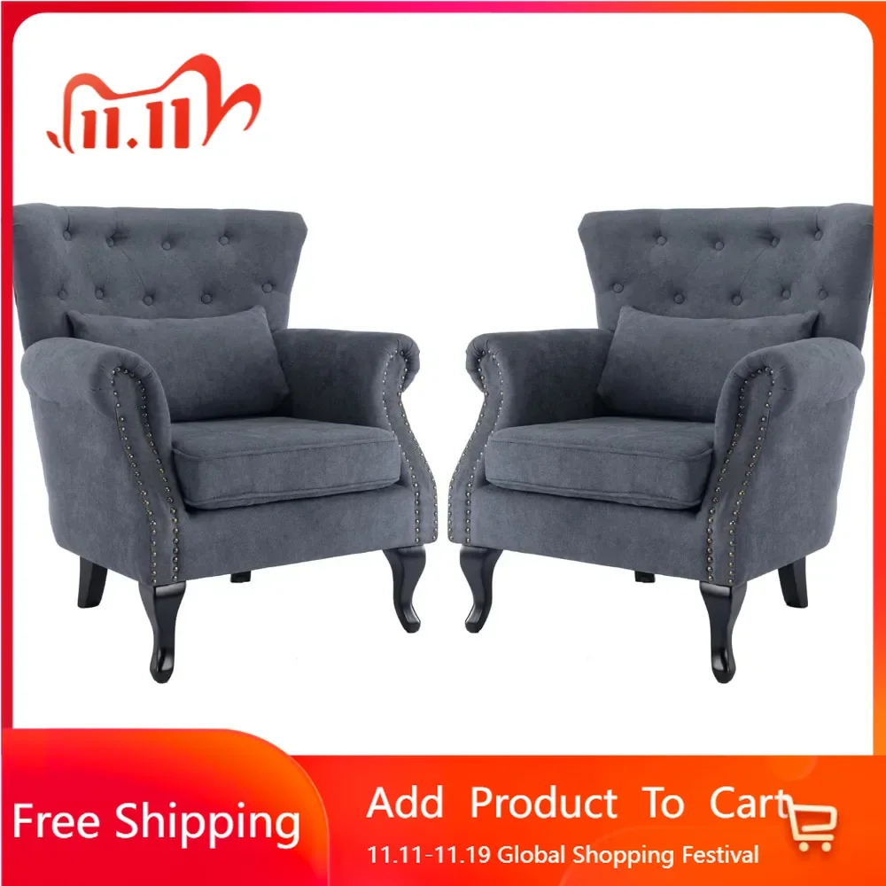 

Medieval living room decorative chair, modern reading armchair with quilted back, rubber wooden legs, and lumbar pillow