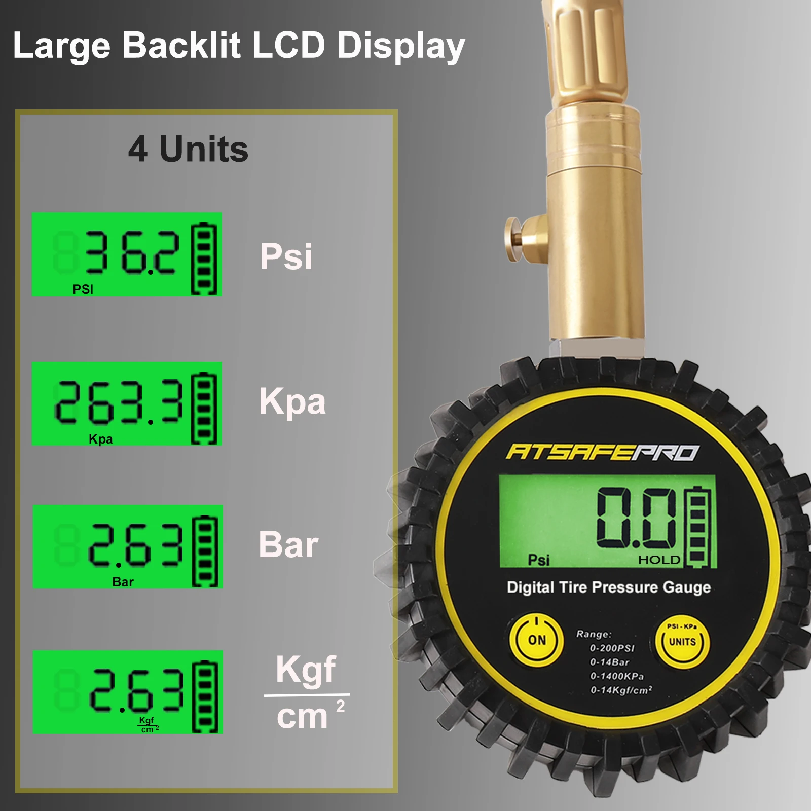 Atsafe-manômetro digital para carro, 200 psi, com mangueira flexível e luz de fundo, tela lcd, para caminhão e suv