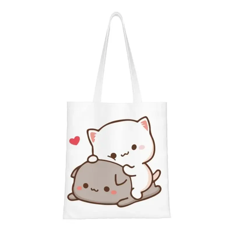 

Kawaii Peach Sitting On Goma Shopping Tote Bags Recycling Cute Mochi Cat Canvas Grocery Shoulder Shopper Bag