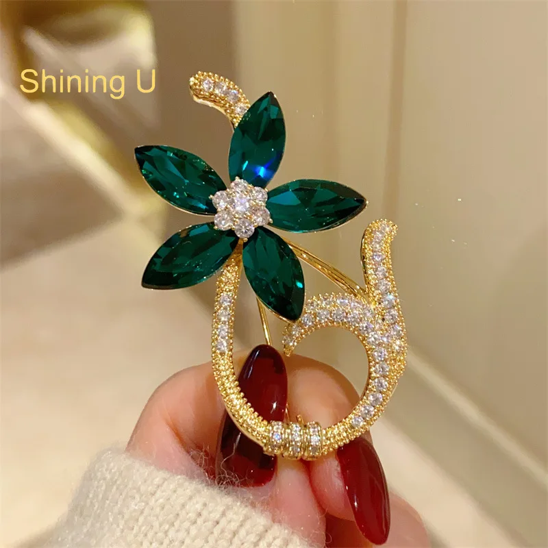 

Shining U Vintage K9 Glass Zircon Flower Brooch for Women Men Fashion Accessory Gift